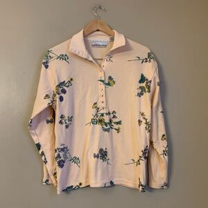 Vtg Mixed Blues Women's Long Sleeve Henley Shirt USA Yellow Floral Butterfly L